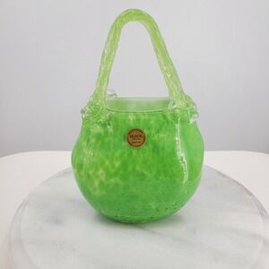 Vtg Block Crystal Lime Green Speckled Mouth Blown Glass Basket Twisted‎ Handle